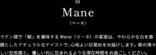 ラテン語で「朝」を意味するMane（マーネ）の客室は、やわらかな白を基調としたナチュラルなテイストで、心地よい目覚めをお届けします。朝の清々しい空気感と、優しい光に包まれるような滞在時間をお過ごしください。